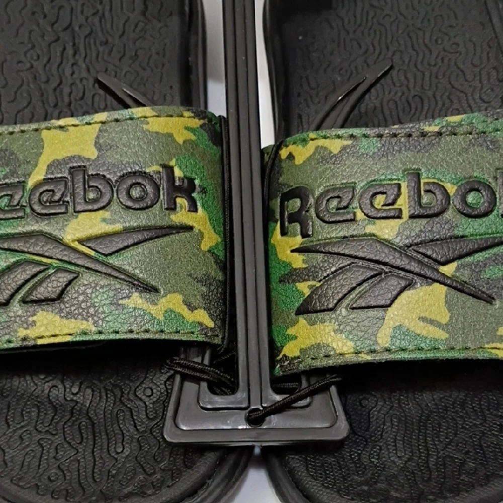 REEBOK KID'S SLIDE SANDALS - Green & Yellow and Black Camo Strap - SIZE 12 NWT